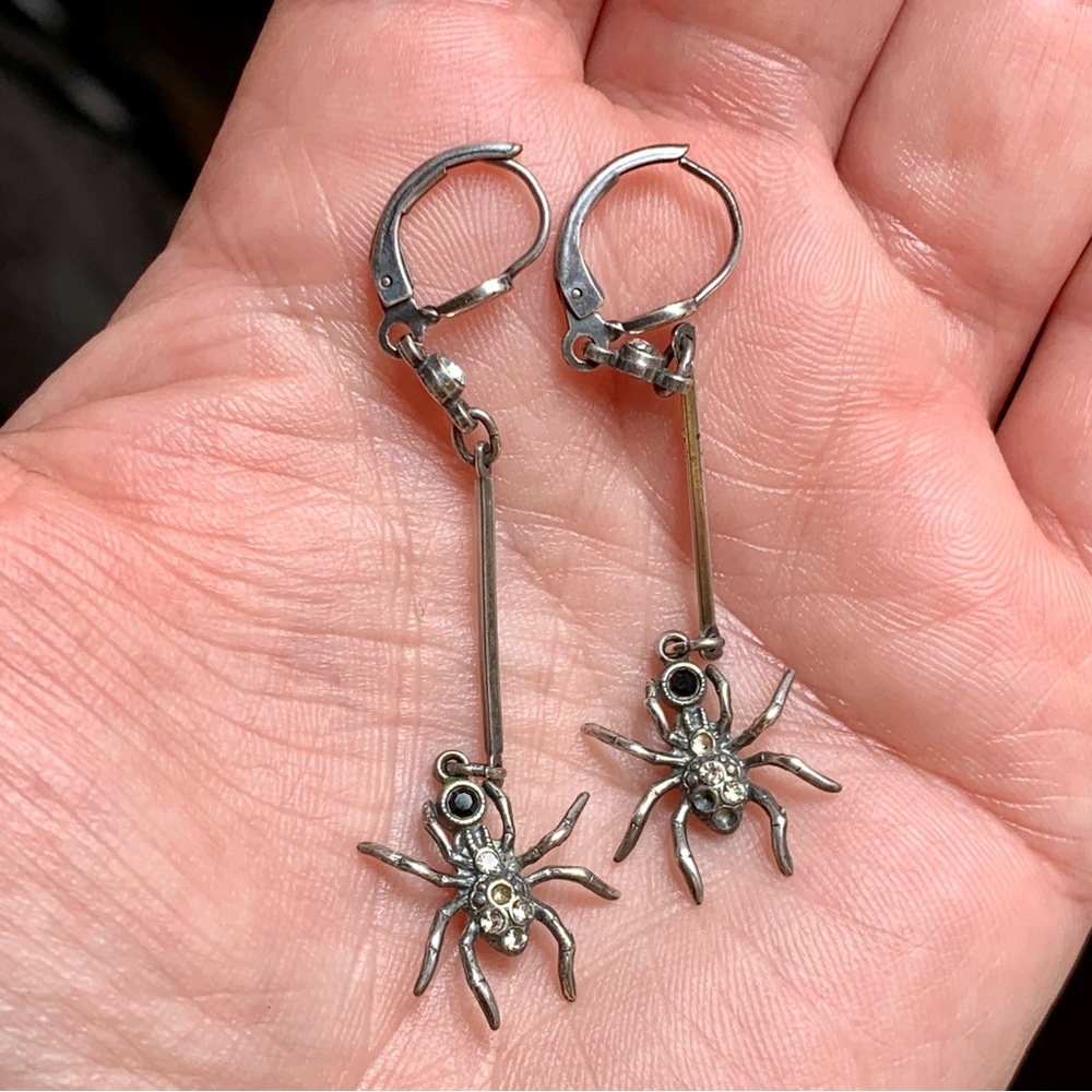 Dangling Silver Tone Spider Earrings with Crystals - Picture 1 of 6